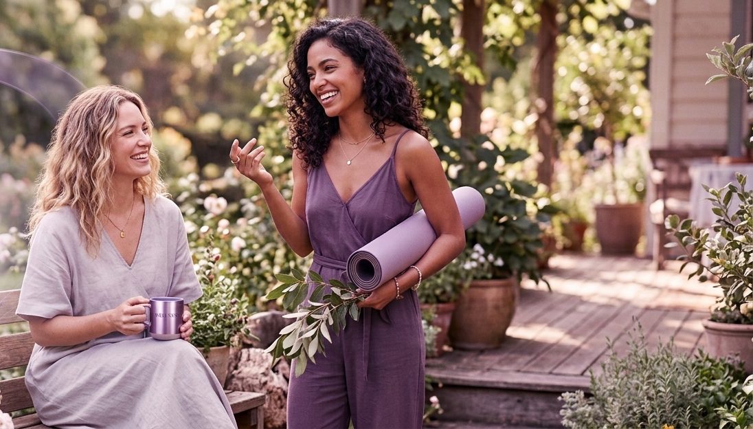 Dos mujeres conversando y sonriendo en un jardín, con ropa en tonos lavanda